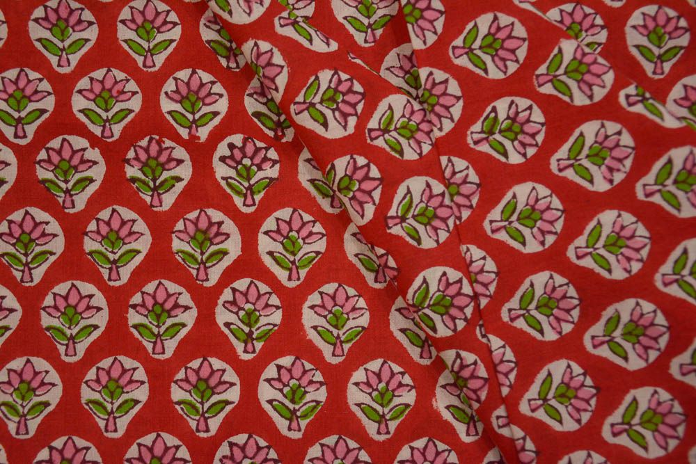 Red Pink Block Printed Cotton Fabric