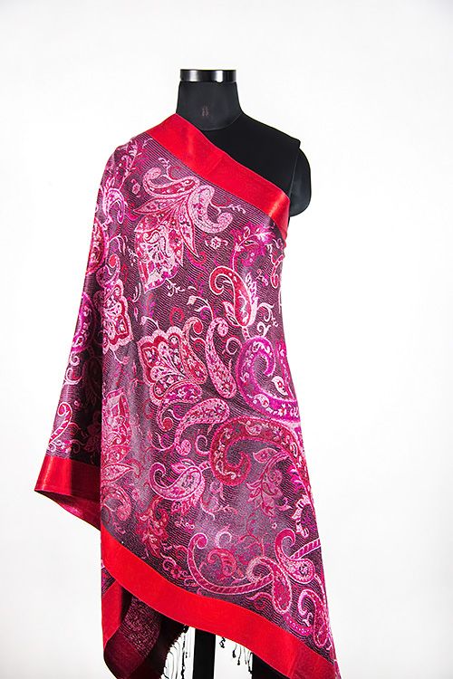 Red Self Design Silk Scarves For Women