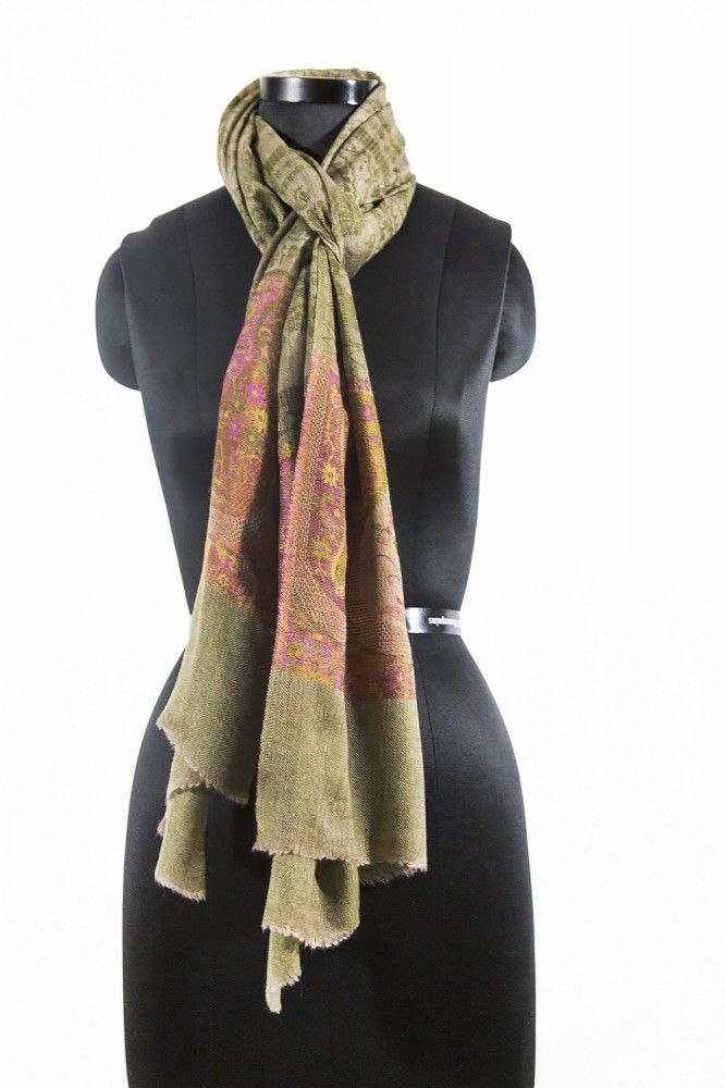 Jacquard Frontier Green Taupe 100 Cashmere Scarf