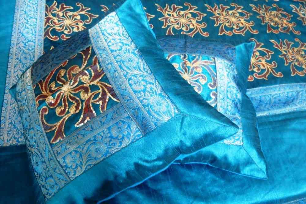 Beautiful Embroidered Blue 5 Piece Silk Bedcover Set