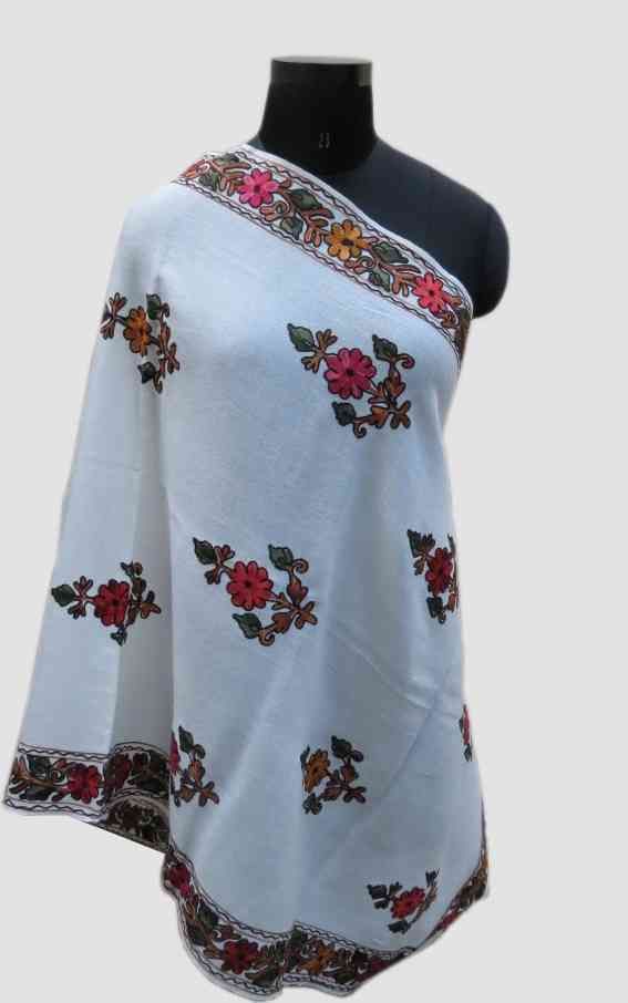 Cashmere Flower White Embroidered Scarf