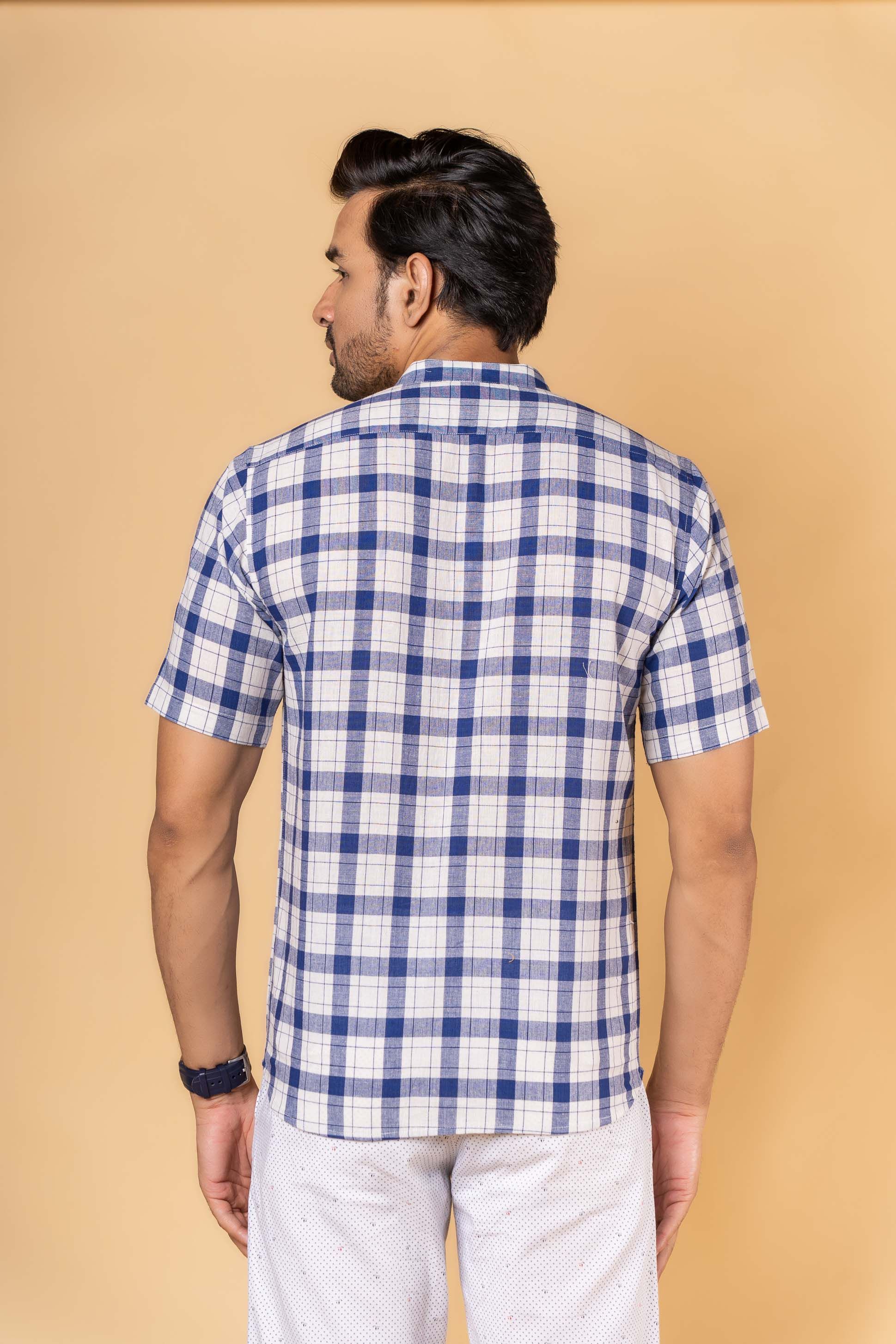 Blue Checks Embroidered Khari Cotton Shirt
