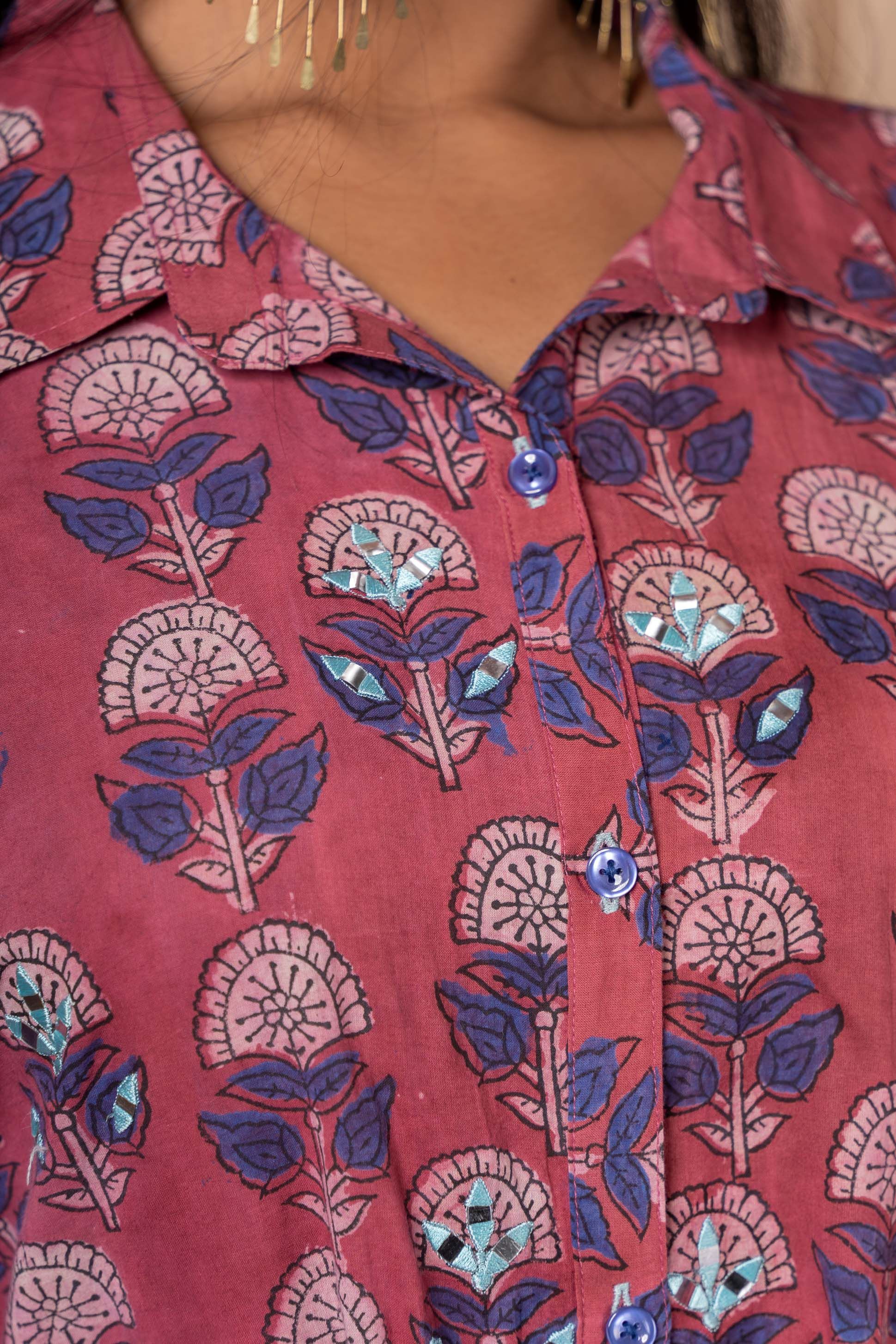 Rose Wine Block Printed Shirt Kaftan