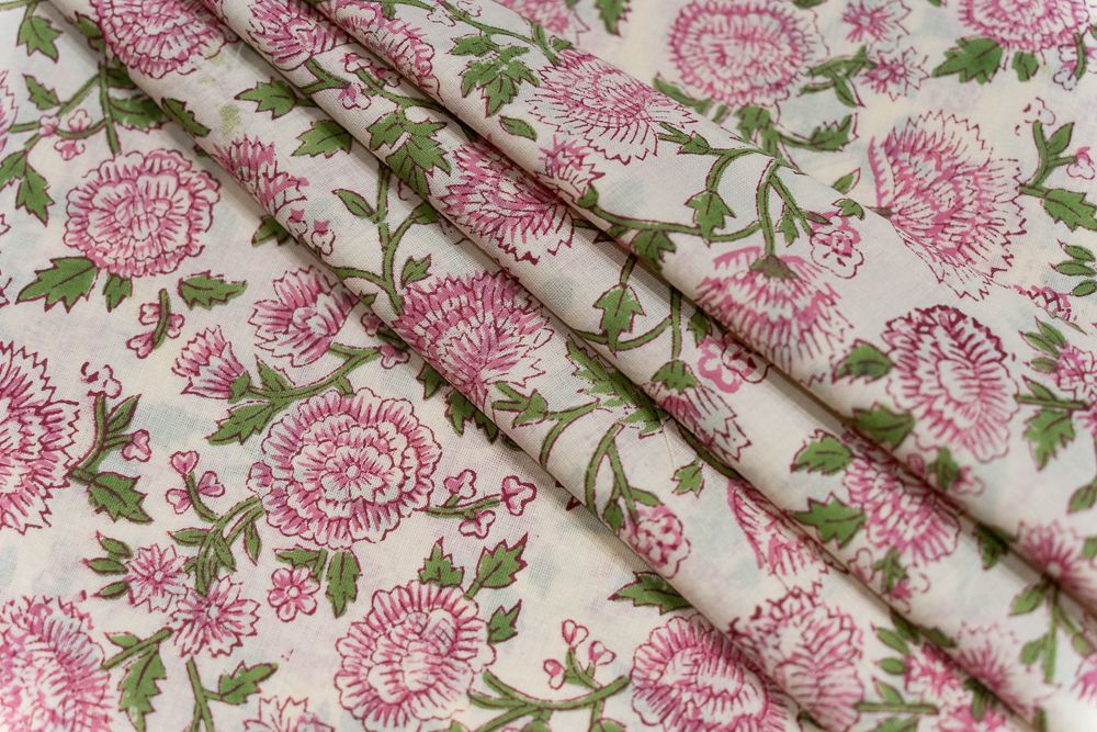 Cream Pink Floral Block Printed Cotton Fabric