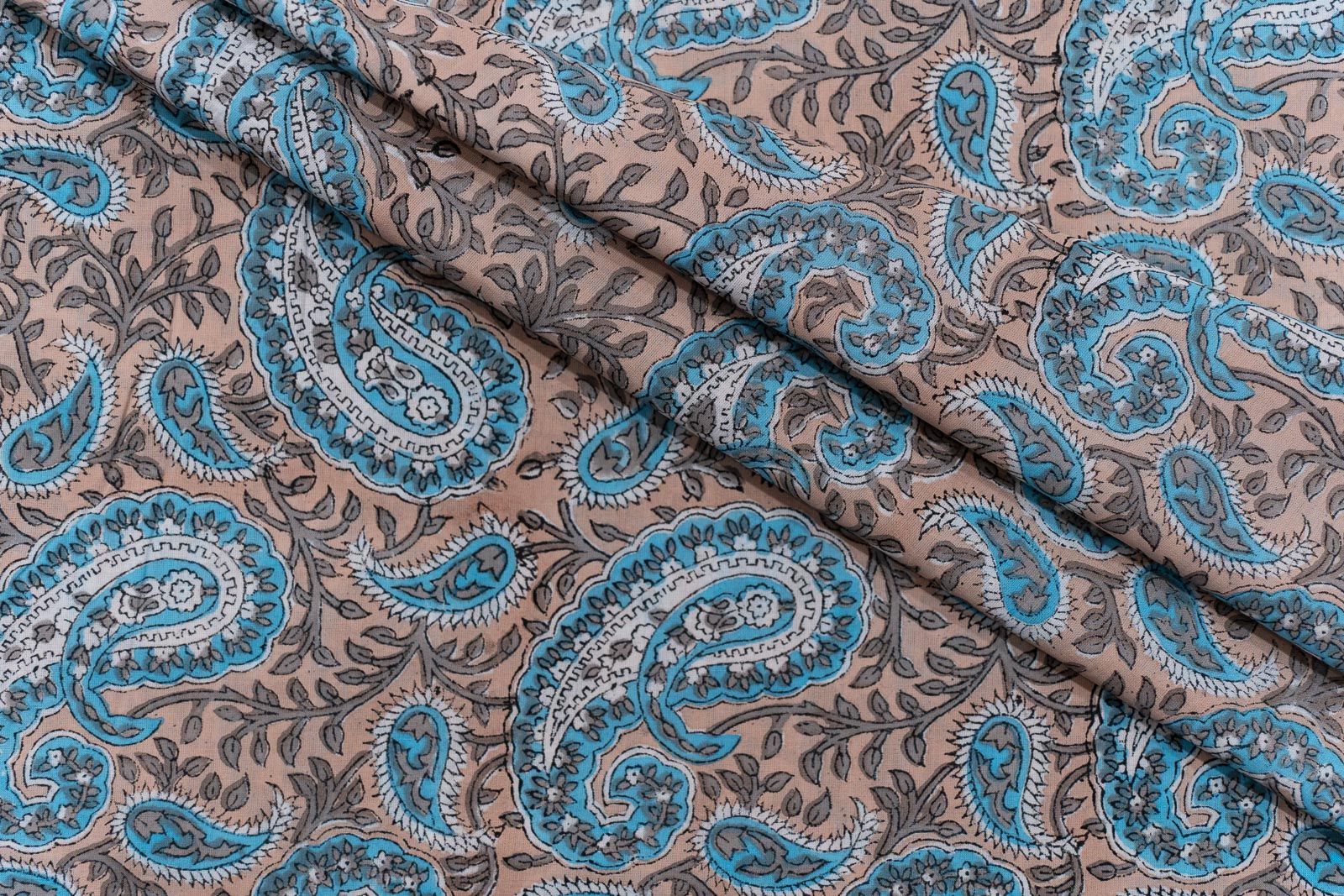 Blue Grey Paisley Hand Block Printed Cotton Fabric