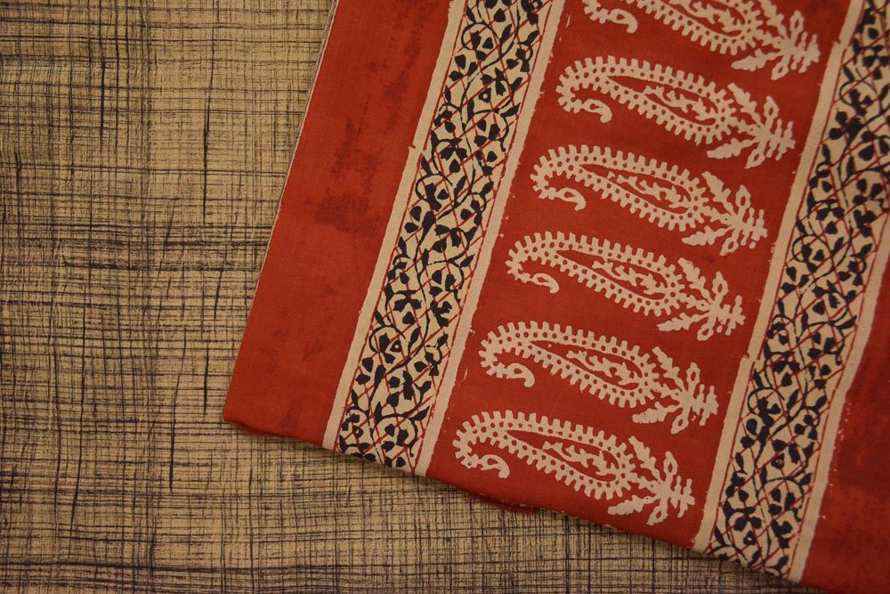 Brush Hand Block Printed Cotton Bordered Fabric