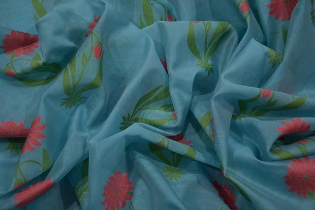 Sky Blue Embroidered Floral Silk Cotton Fabric 