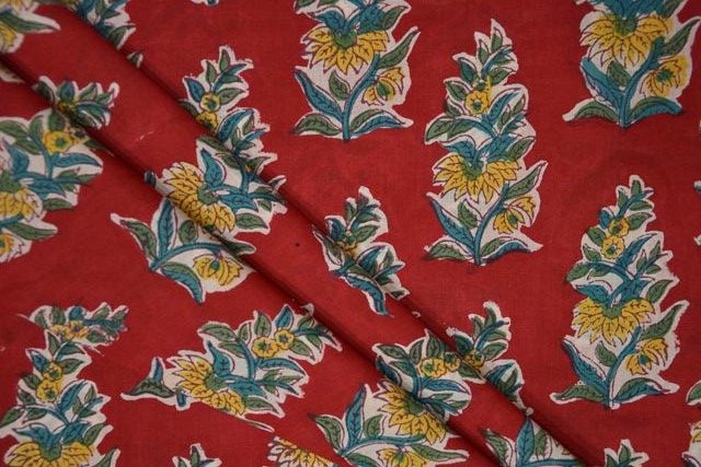 True Red Floral Cotton Hand Block Print Fabric