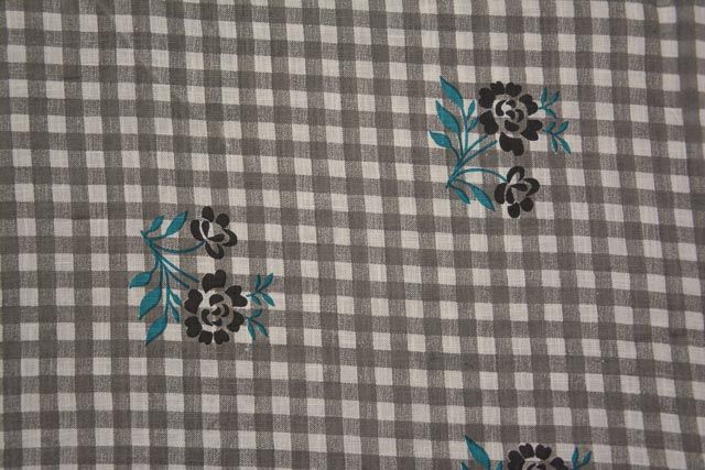 Grey And White Checks Floral Print Indian Slub Cotton Fabric