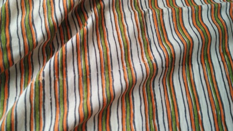 Orange And Olive Green Mulmul Striped Fabric