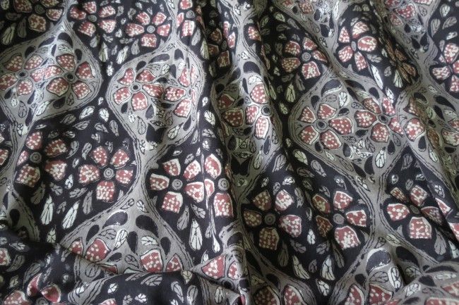 Grey Brown Floral Bagru Cotton Fabric