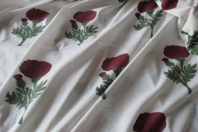 White And Dark Red Floral Block Print Cotton Fabric