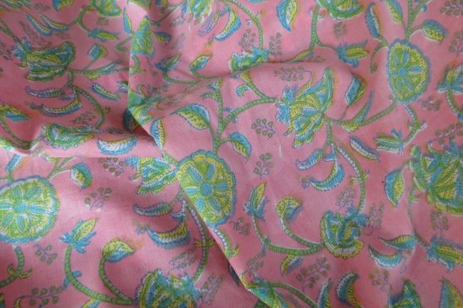 Pink Floral Block Print Indian Cotton Fabric