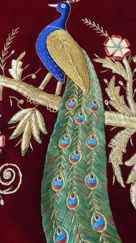 Maroon Hand Embroidered Peacock Indian Wall Tapestry