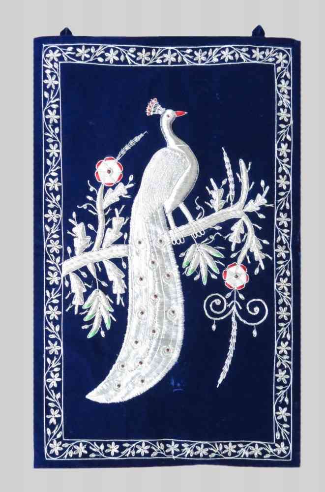 Silver Hand Embroidered Peacock Indian Wall Tapestry