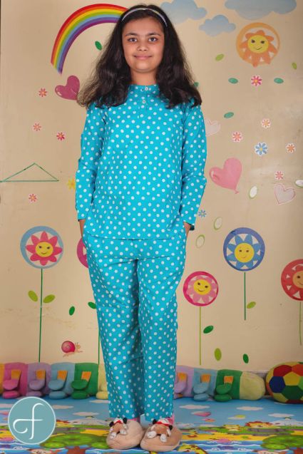 Blue Polka Dot Kids Cotton Night Suit
