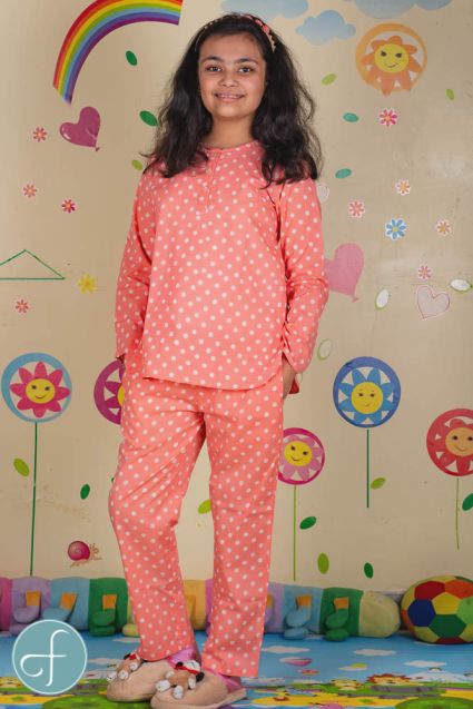 Peach Polka Dot Kids Cotton Night Suit