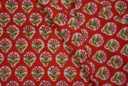 RED PINK BLOCK PRINTED COTTON FABRIC-HF4981