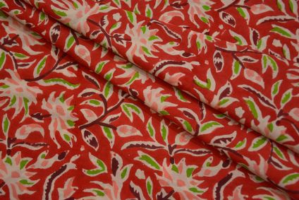 RED FLORAL BLOCK PRINTED COTTON FABRIC-HF5020