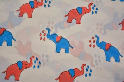 Blue Red Elephant Hand Block Printed Cotton Fabric