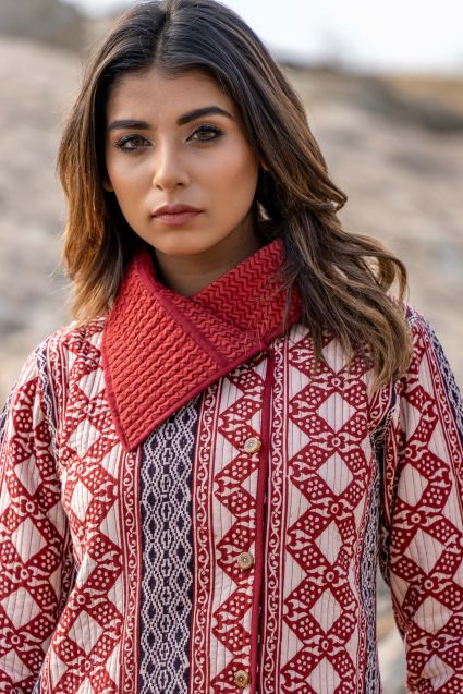 Red Bagh Block Print Quilted Bukhara Jacket