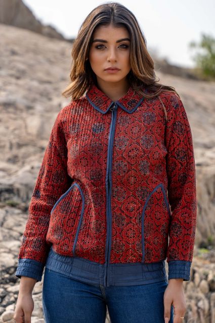 Red Ajrakh Quilted Bomber Jacket