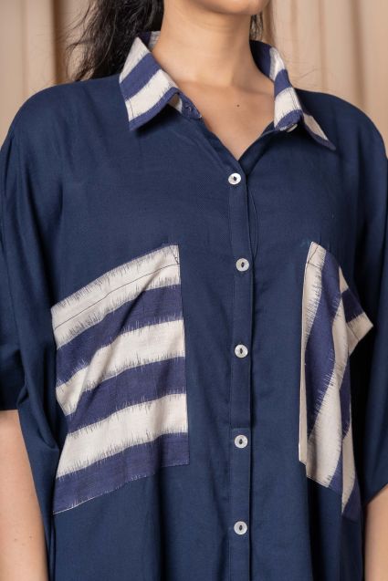 Navy Blue Double Ikat Shirt Kaftan