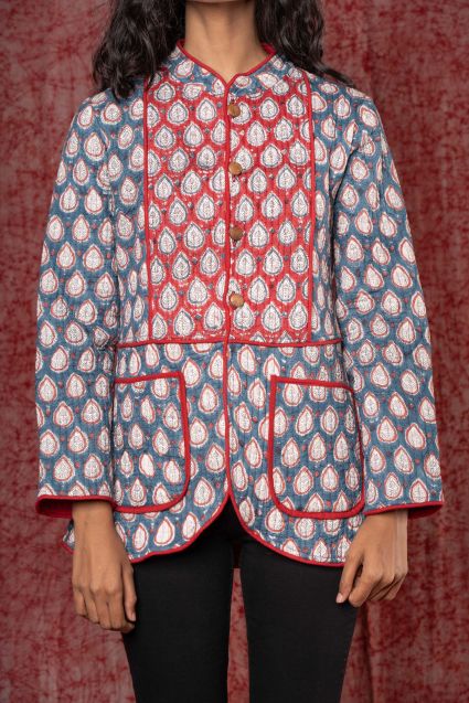 Blue Red Patch Block Printed Quilted Jacket