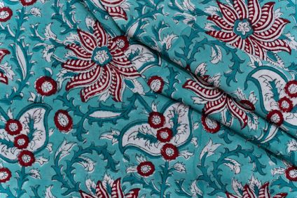 POOL GREEN FLORAL HAND BLOCK PRINTED COTTON FABRIC-HF5103