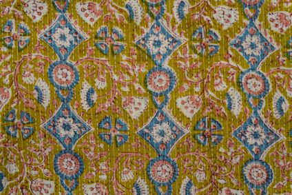 Mustard Block Printed Kantha Cotton Fabric