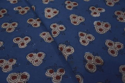 Indigo Floral Ajrakh Hand Block Print Cotton Fabric