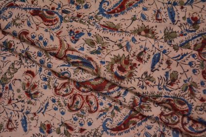 Peach Blue Floral Hand Block Printed Kalamkari Fabric