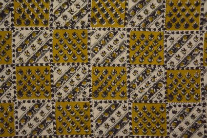 Bagru Mustard Checks Hand Block Printed Cotton Fabric