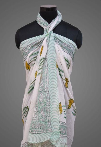 Floral Printed Pareo Sarong In Sea Green And White Color