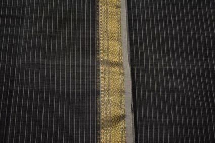 Dark Grey Striped Zari Border Maheshwari Silk Handloom Fabric