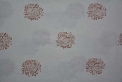 White And Brown Block Print Pure Linen Fabric 