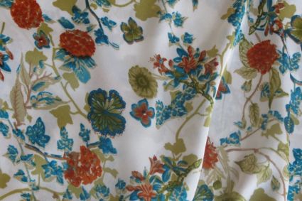 Blue Red Floral Print Polyester Satin Fabric
