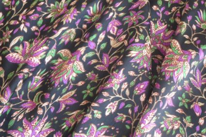 Black Purple Floral  Polyester Satin Fabric