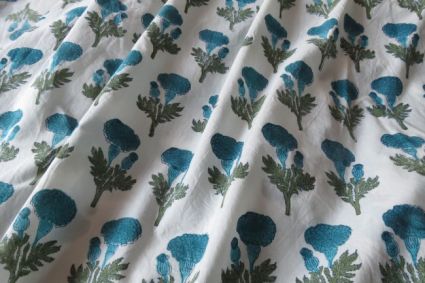 Sky Blue Floral Block Print Cotton Fabric