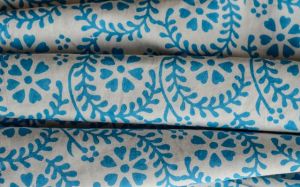 WHITE AND SKY BLUE FLORAL BLOCK PRINT FABRIC-HF543