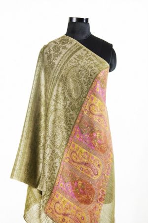JACQUARD FRONTIER GREEN TAUPE 100 CASHMERE SCARF FROM INDIA