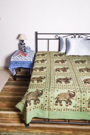 GREEN COTTON ELEPHANT PATCH INDIAN BEDSPREADS-BC14