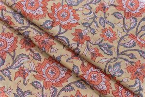 PEACH YELLOW FLORAL BLOCK PRINTED COTTON FABRIC-HF5064