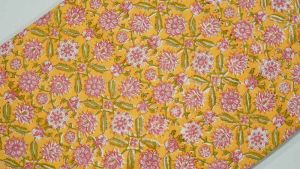 YELLOW AND PINK FLORAL BLOCK PRINT COTTON FABRIC-HF3582