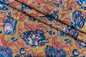 YELLOW GOLD FLORAL HAND BLOCK PRINTED COTTON FABRIC-HF5108