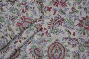 GREEN AND RED FLORAL HAND BLOCK PRINTED MULMUL/VOIL COTTON FABRIC -HF4497