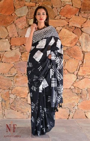 BLACK AND WHITE BLOCK PRINTED COTTON SAREES-NVCBS50
