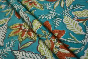 GREEN FLORAL BLOCK PRINTED COTTON FABRIC-HF4747