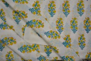 YELLOW AND BLUE FLORAL HAND BLOCK PRINTED COTTON FABRIC-HF3514