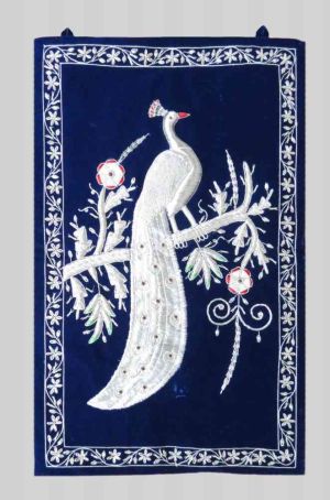 SILVER HAND EMBROIDERED PEACOCK INDIAN WALL TAPESTRY MANUFACTURER